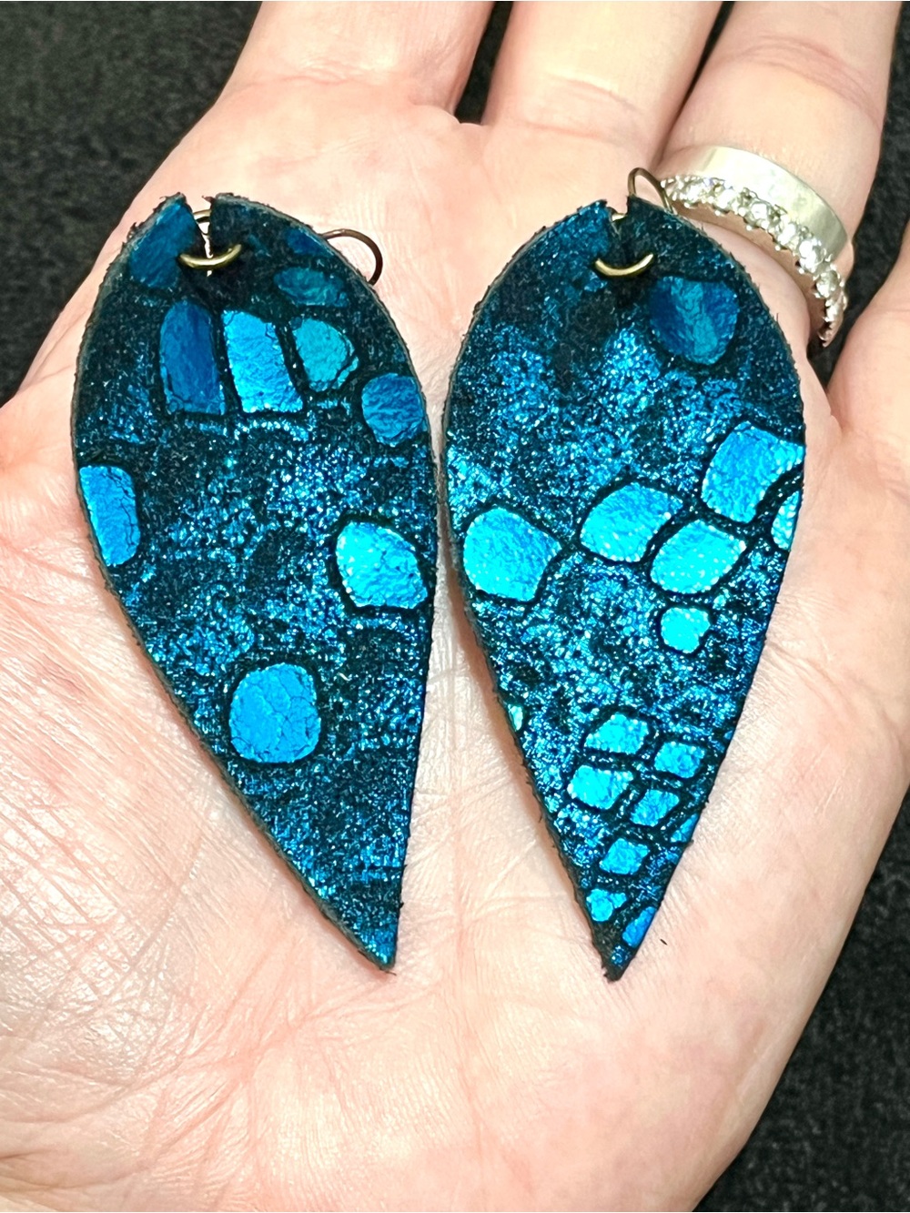 Metallic Teal Blue Genuine Leather Crocodile Leaf Teardrop Dangle Earrings - Picture 2 of 3